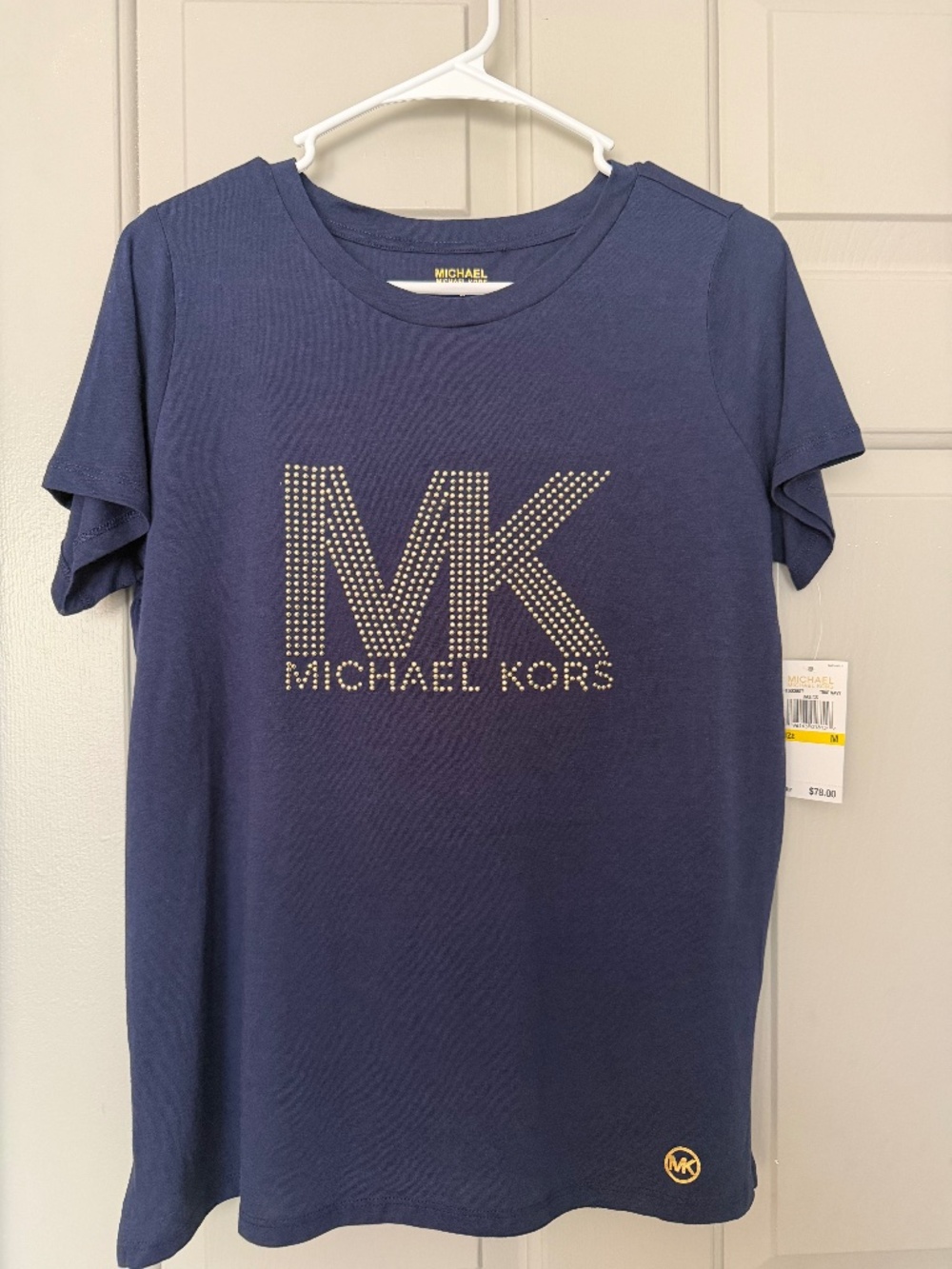 Michael Kors Navy Gold Stud Logo Tee NWT Medium